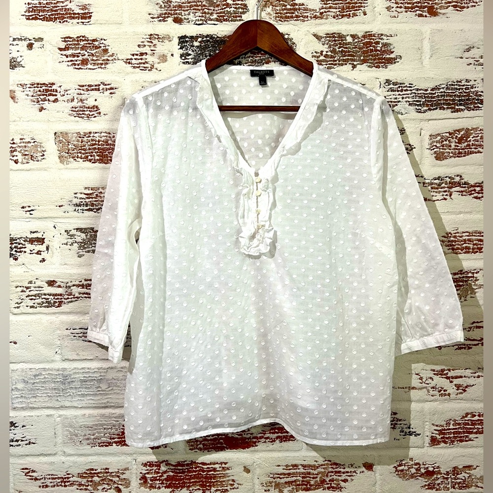 Talbots Blouse Swiss Dot Ruffle Trim Semi Sheer Cotton 3/4 Sleeve White Sz LP